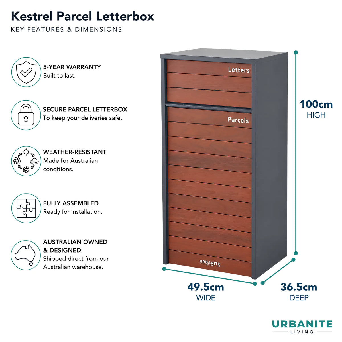 Urbanite Living dimensions for the Kestrel Parcel Letterbox in charcoal with dark wood look front panels: 100 cm high, 49.5 cm wide, 36.5 cm deep, 5-year warranty.