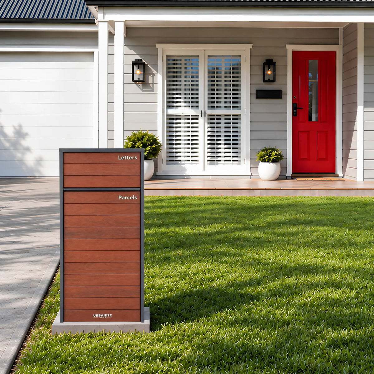 Urbanite Living Kestrel freestanding parcel letterbox in charcoal with dark wood look metal front panels on a front lawn beside a driveway.