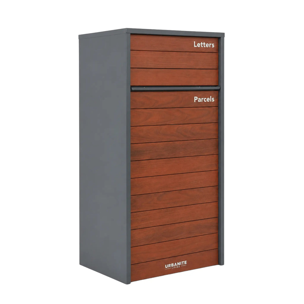 Urbanite Living Kestrel parcel letterbox in charcoal with dark wood look front panels, with letter and parcel openings.