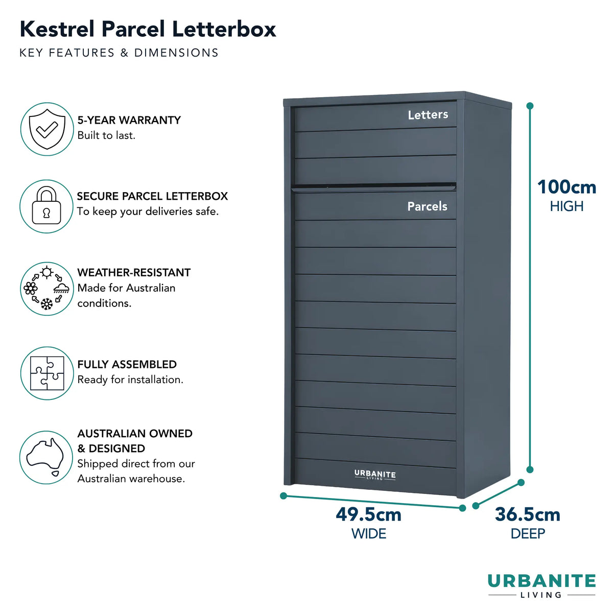 Urbanite Living dimensions for the Kestrel Parcel Letterbox in charcoal: 100 cm high, 49.5 cm wide, 36.5 cm deep, 5-year warranty.