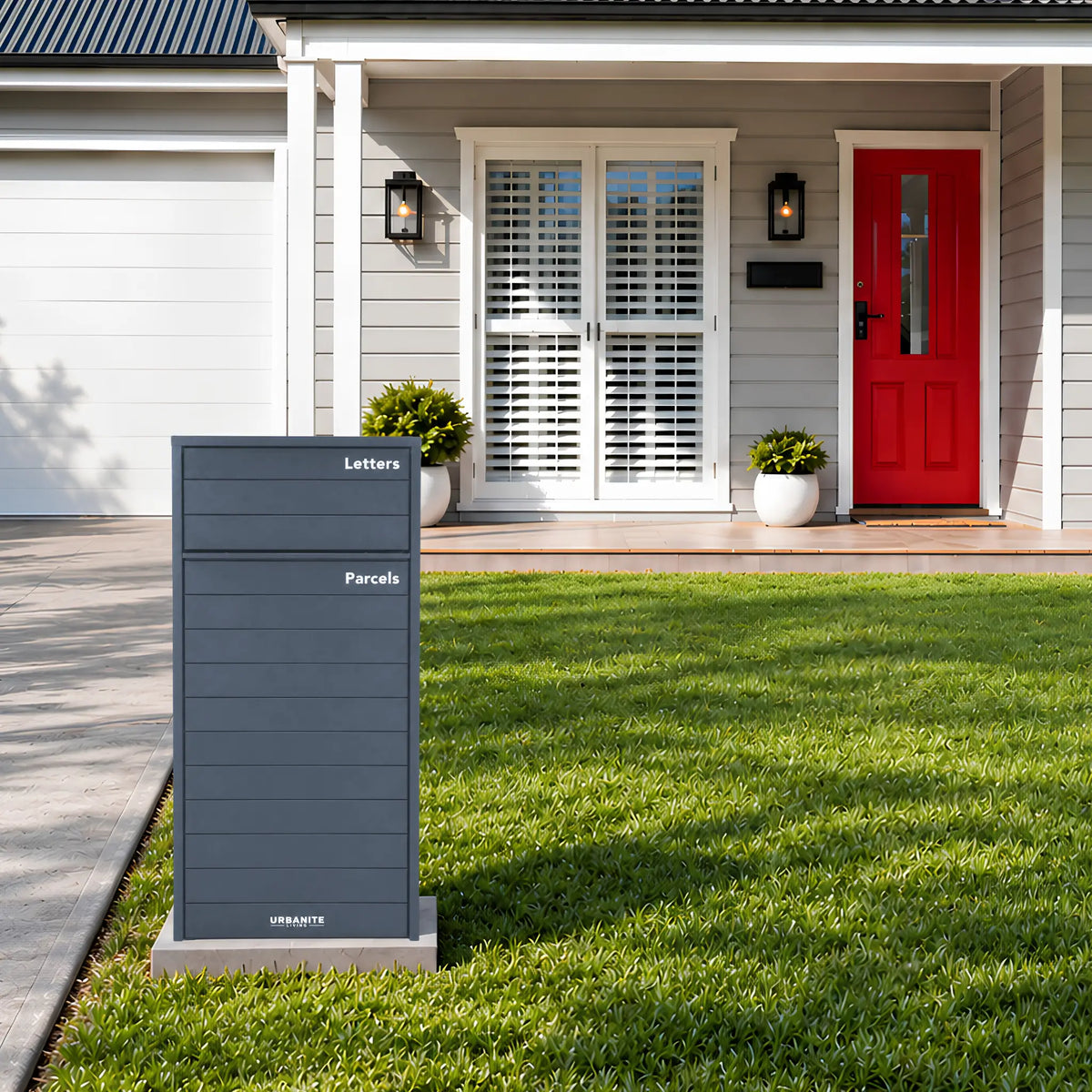 Urbanite Living Kestrel freestanding parcel letterbox in charcoal on a front lawn beside a driveway.