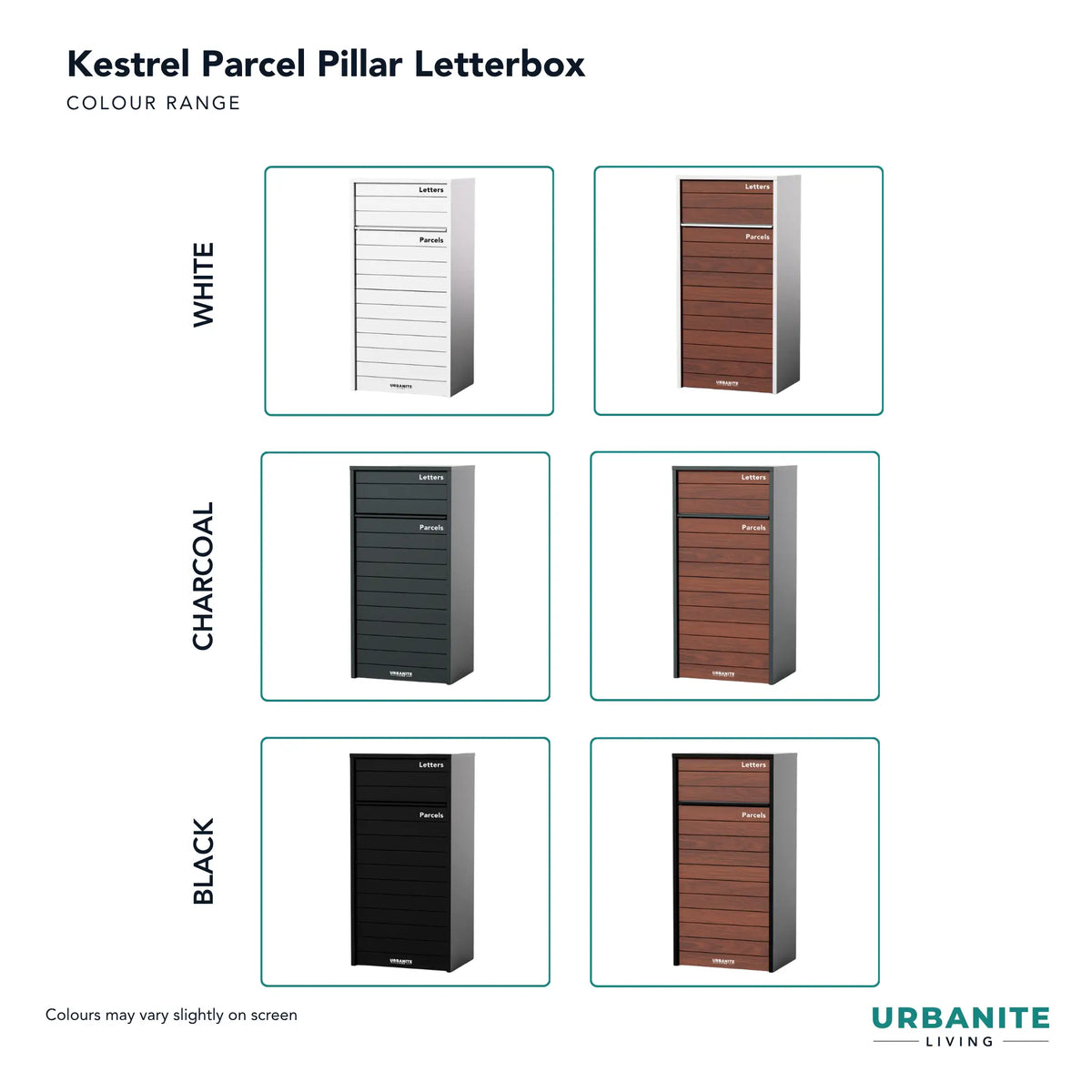 Urbanite Living Kestrel Pillar Parcel Letterbox Colour Range.   White, White with Merbau Look.   Charcoal, Charcoal with Merbau Look.  Black, Black with Merbau Look.