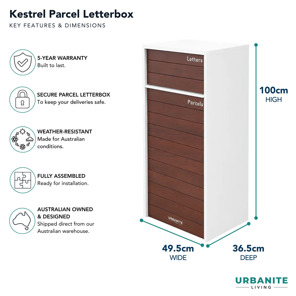 Urbanite Living Dimensions for the Kestrel Parcel Letterbox in white with dark wood look metal front panels: 100 cm high, 49.5 cm wide, 36.5 cm deep, 5-year warranty.