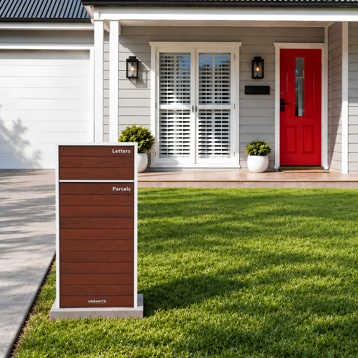 Urbanite Living Kestrel freestanding parcel letterbox in white with dark wood look metal front panels on a front lawn beside a driveway.