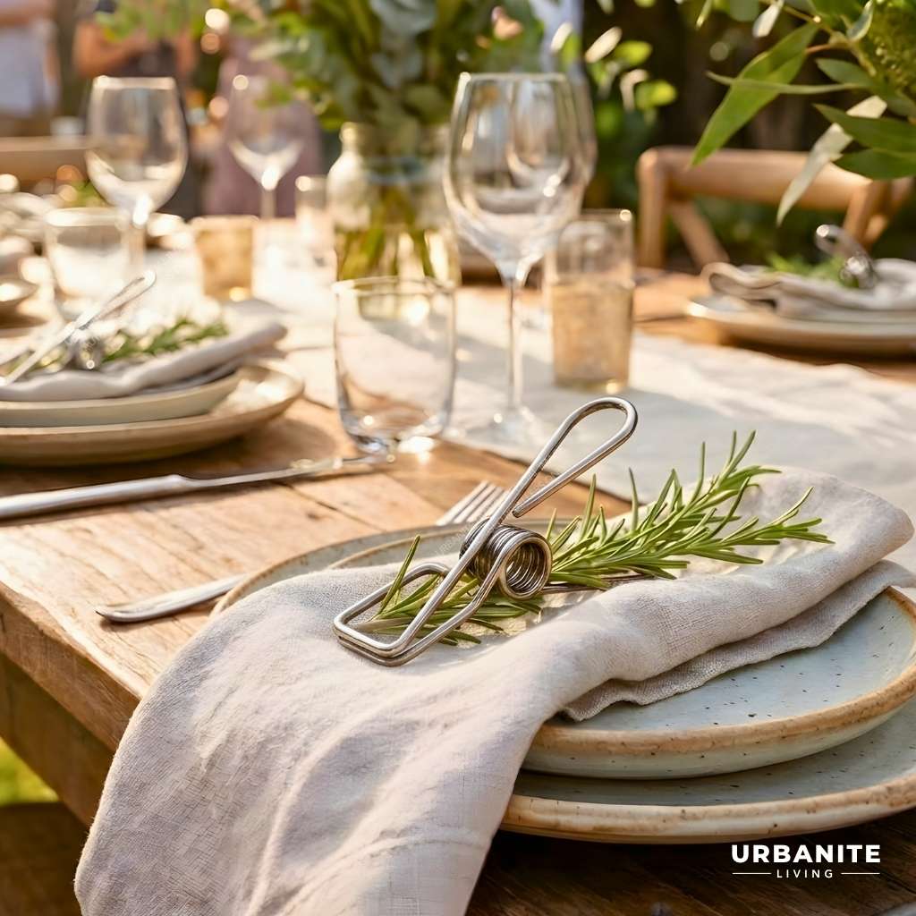Stainless Steel Marine Grade 316 Peg, timber table dinner setting holding down a sprig of rosemary, with linen napkins, earthy tone plates wine and water glasses with the glow of a setting sun. By Urbanite Living.