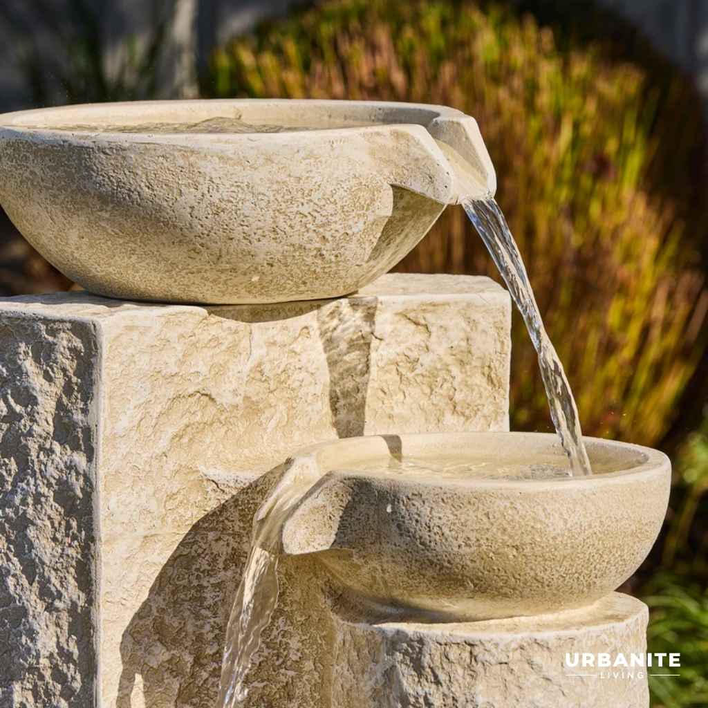 Echo Falls Fountain - close up of the upper two bowls with spouts - water flowing.