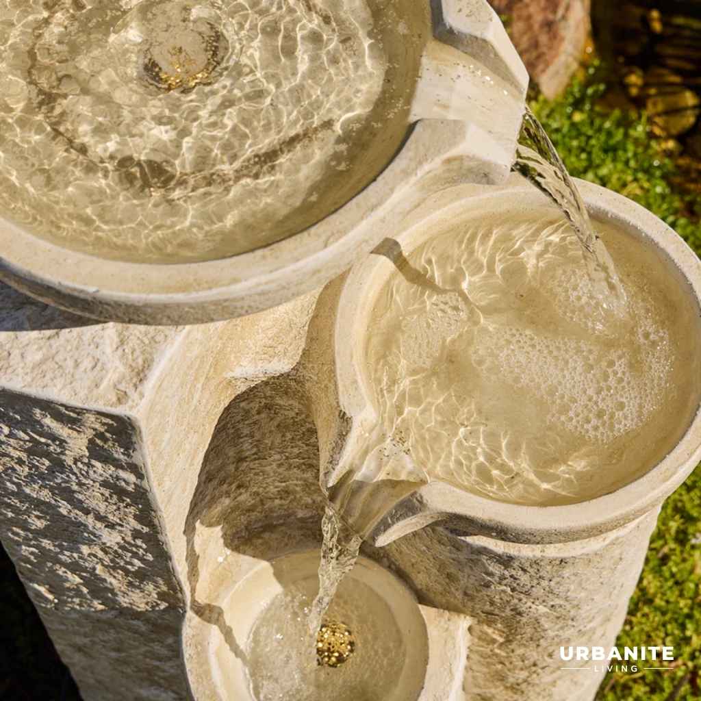 Close up of the three bowls with flowing water Echo Falls Fountain