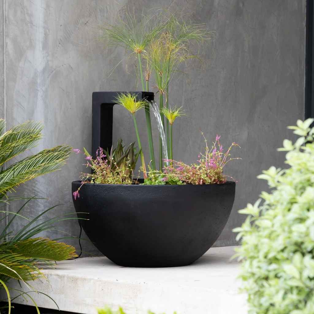 Medium Black patio pond water feature with aquatic plants and flowing water sitting on a raw concrete floor with a plastered grey wall behind.