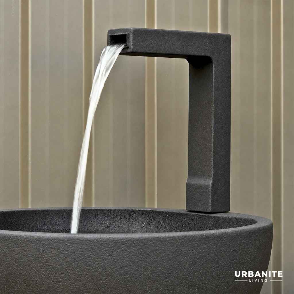 Close up of a black spout for the patio pond in black.