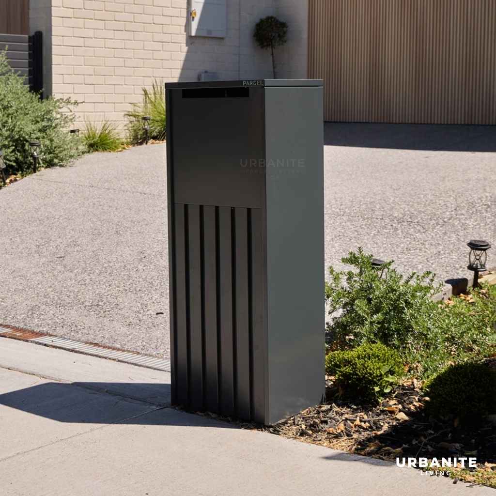 Side view of t he Empire Parcel Letterbox - Colour Black/Charcoal.