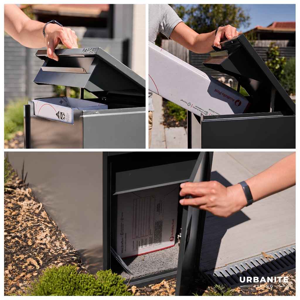 Two images showing how to insert a parcel and the third image how to open and retrieve the package. 