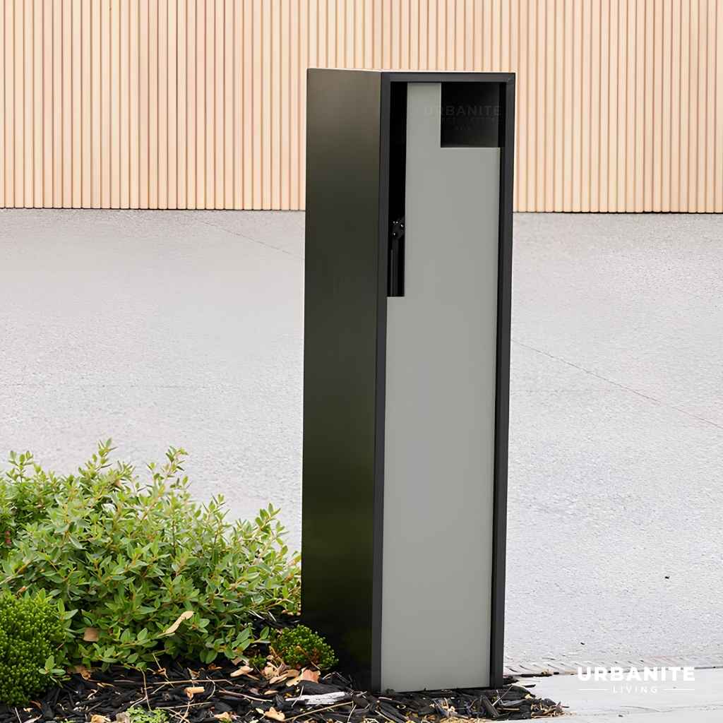 Side view of the Swift Letterbox.  Charcoal and grey colour scheme.