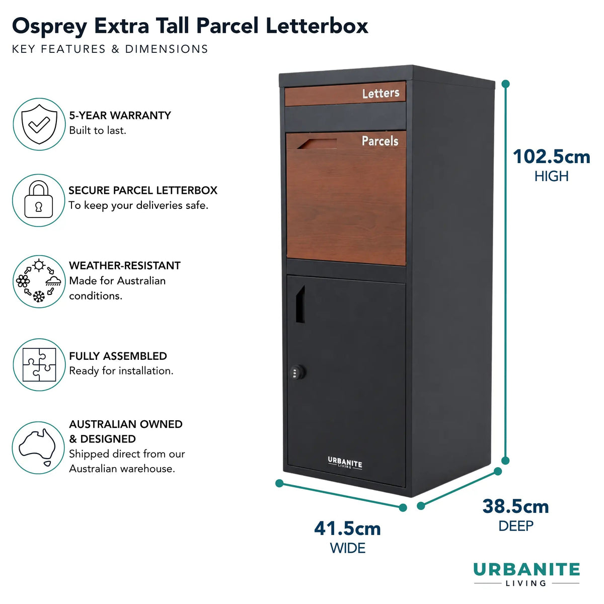 Urbanite Living Osprey Extra Tall freestanding parcel letterbox in black with dark timber look metal front panels, with key features and dimensions: 102.5 cm high, 41.5 cm wide, 38.5 cm deep, and a 5-year warranty.