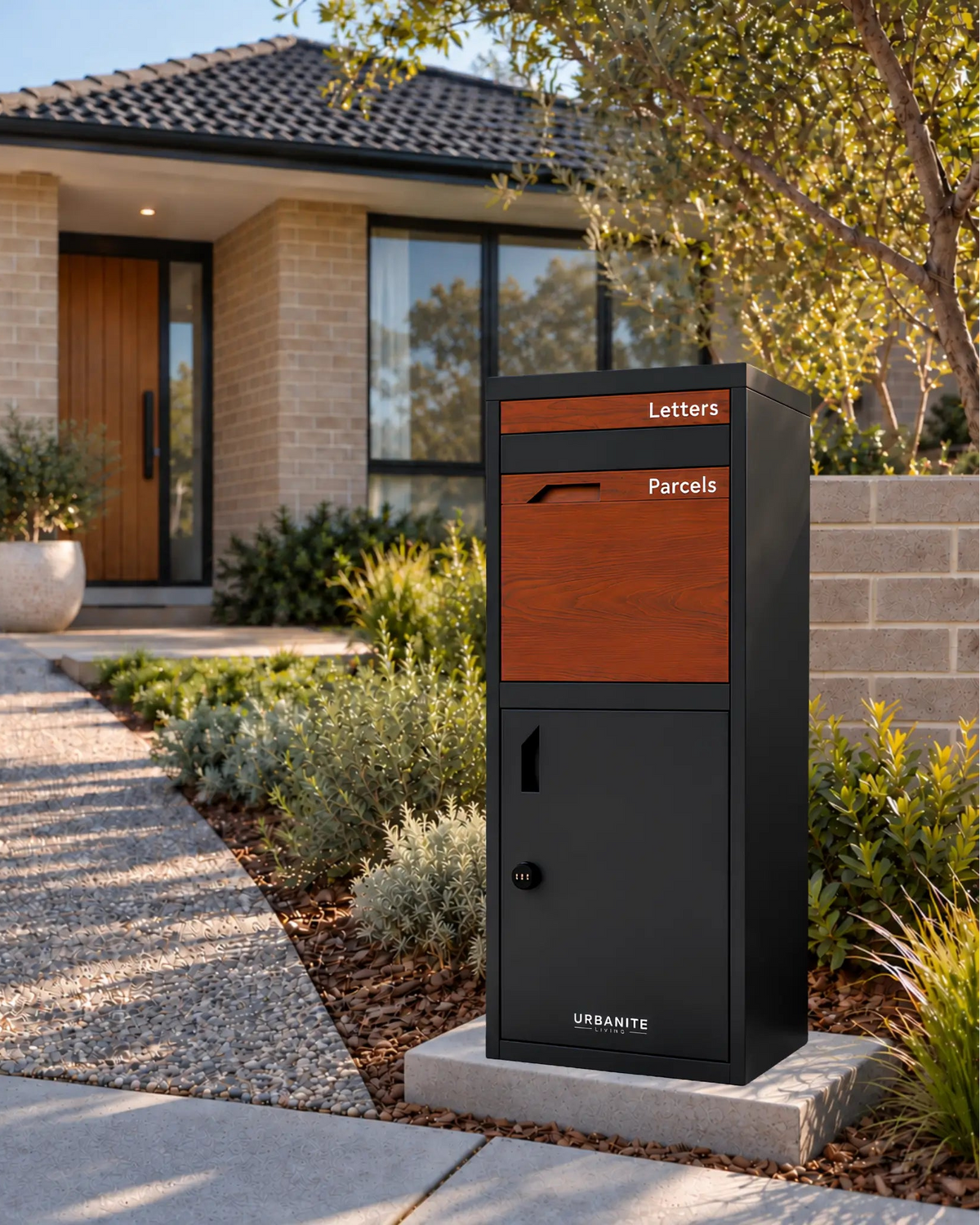 Urbanite Living Osprey Extra Tall freestanding parcel letterbox in black with dark wood look metal front panels beside a driveway at a home.
