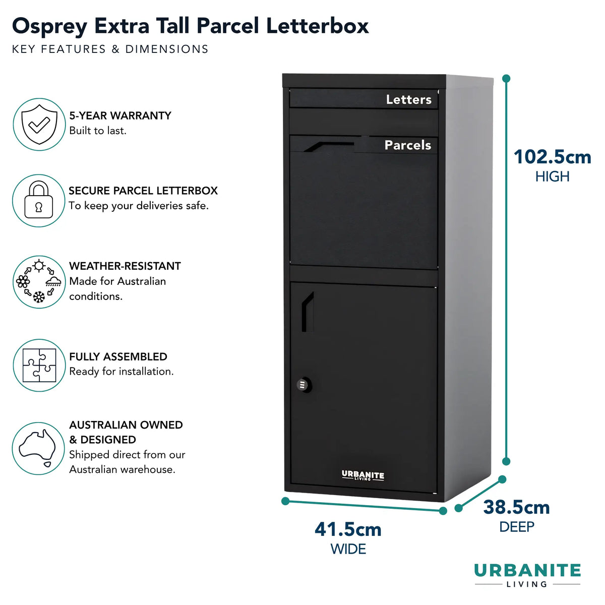 Urbanite Living Osprey Extra Tall freestanding parcel letterbox in black, with key features and dimensions: 102.5 cm high, 41.5 cm wide, 38.5 cm deep, and a 5-year warranty.