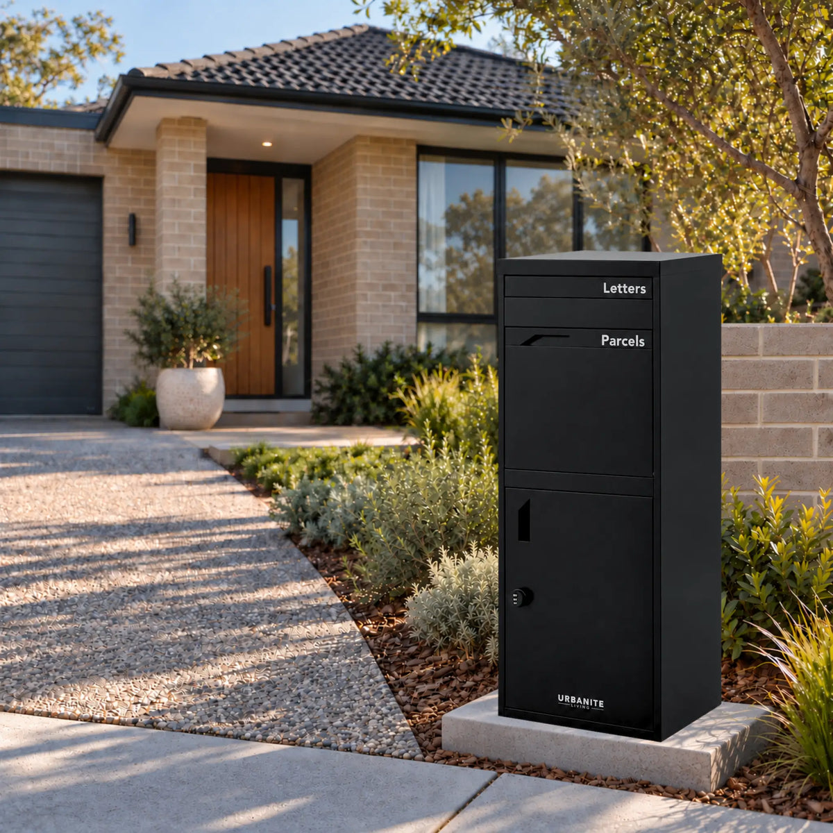 Urbanite Living Osprey Extra Tall freestanding parcel letterbox in black beside a driveway at a home.