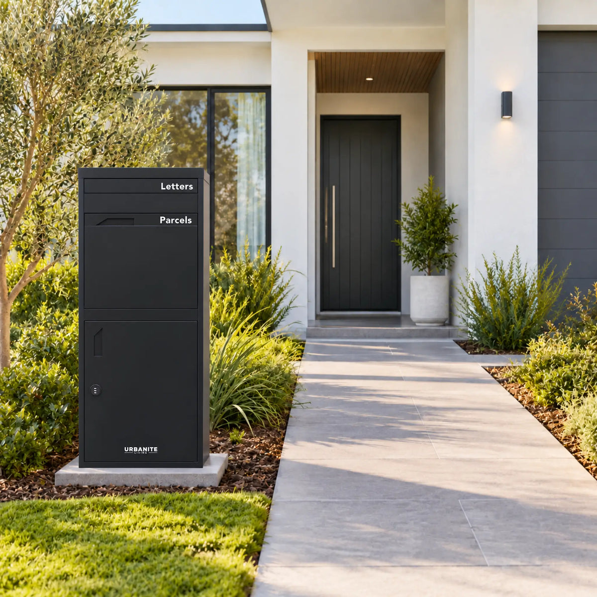 Urbanite Living Osprey Extra Tall freestanding parcel letterbox in black beside a front path at a home.