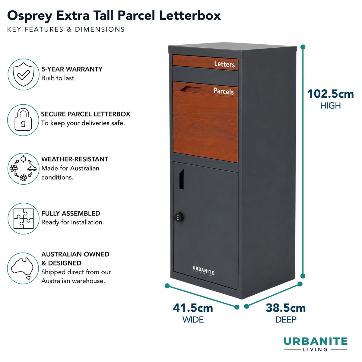 Urbanite Living Osprey Extra Tall freestanding parcel letterbox in charcoal with dark wood look metal front panels, with key features and dimensions: 102.5 cm high, 41.5 cm wide, 38.5 cm deep, and a 5-year warranty.
