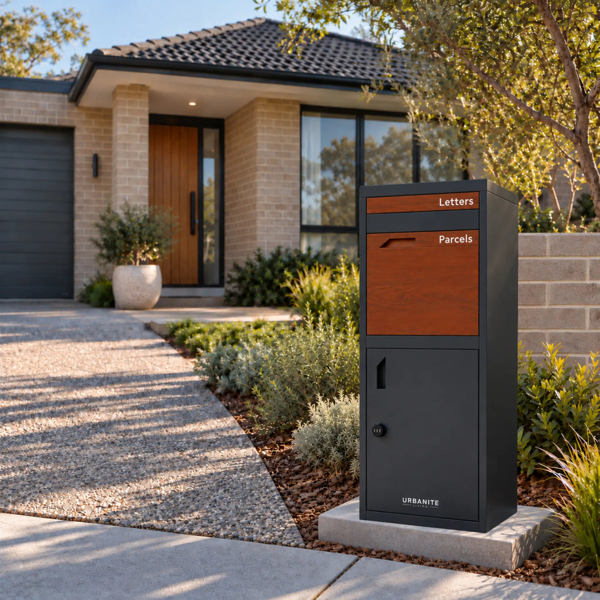Urbanite Living Osprey Extra Tall freestanding parcel letterbox in charcoal with dark wood look metal front panels beside a driveway at a home.