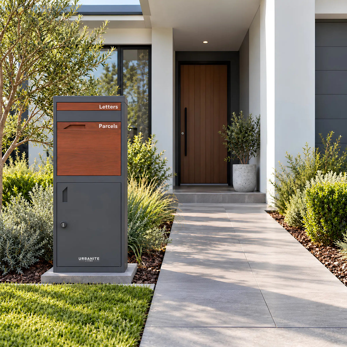 Urbanite Living Osprey Extra Tall freestanding parcel letterbox in charcoal with dark wood look front panels beside a front path at a home.
