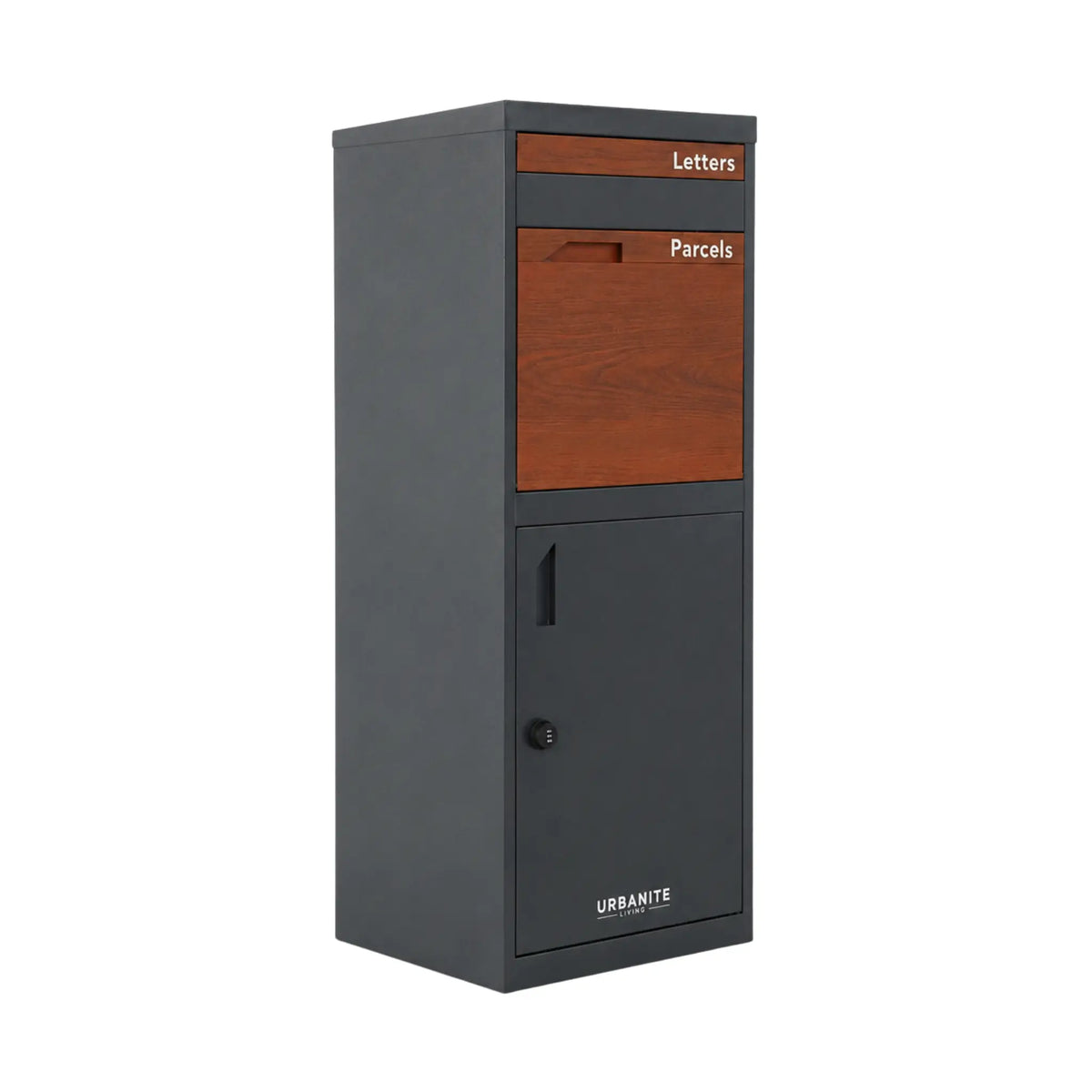 Urbanite Living Osprey Extra Tall freestanding parcel letterbox in charcoal with dark wood look front panels on a white studio background.