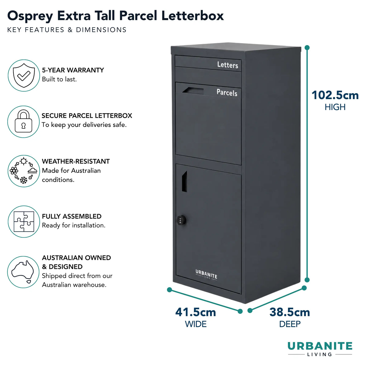 Urbanite Living Osprey Extra Tall freestanding parcel letterbox in charcoal, with key features and dimensions: 102.5 cm high, 41.5 cm wide, 38.5 cm deep, and a 5-year warranty.