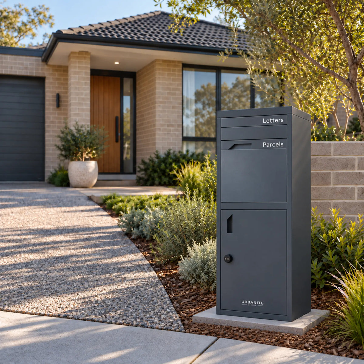 Urbanite Living Osprey Extra Tall freestanding parcel letterbox in charcoal beside a driveway at a home.