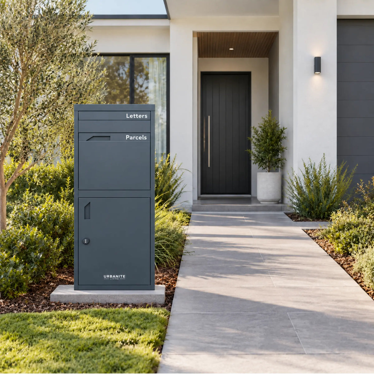 Urbanite Living Osprey Extra Tall freestanding parcel letterbox in charcoal beside a front path at a home.