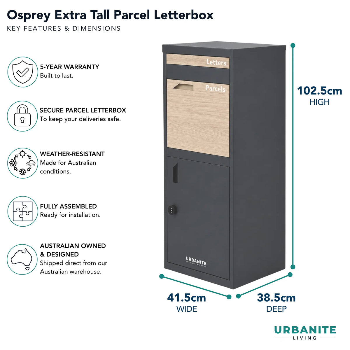 Urbanite Living Osprey Extra Tall freestanding parcel letterbox in charcoal with light wood look front panels, with key features and dimensions: 102.5 cm high, 41.5 cm wide, 38.5 cm deep, and a 5-year warranty.