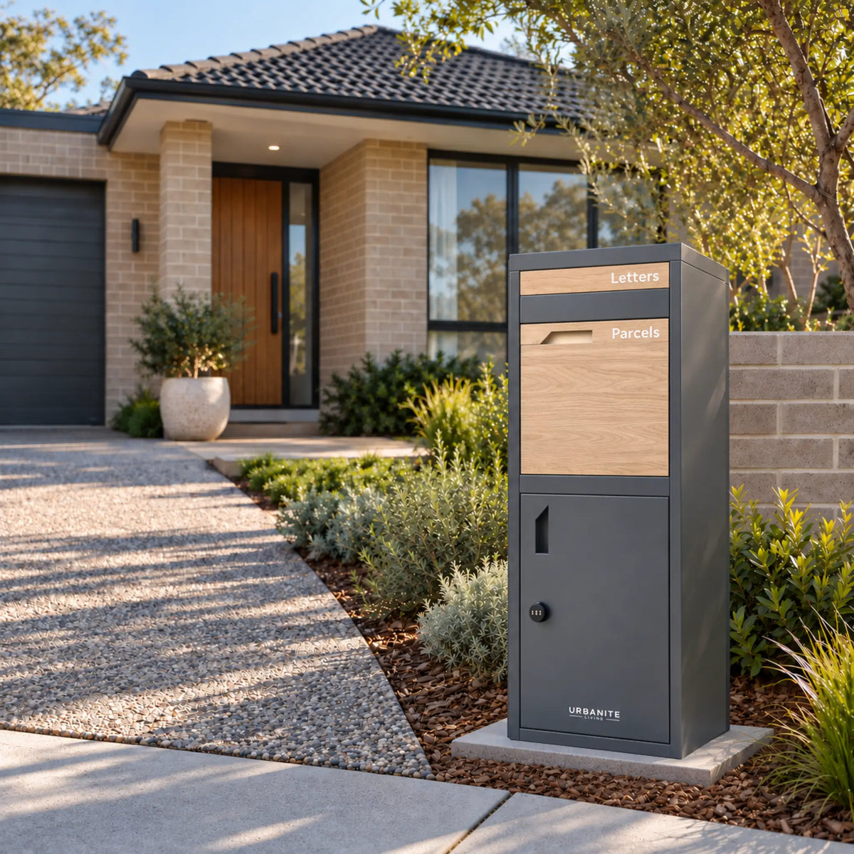 Urbanite Living Osprey Extra Tall freestanding parcel letterbox in charcoal with light wood look metal front panels beside a driveway at a home.