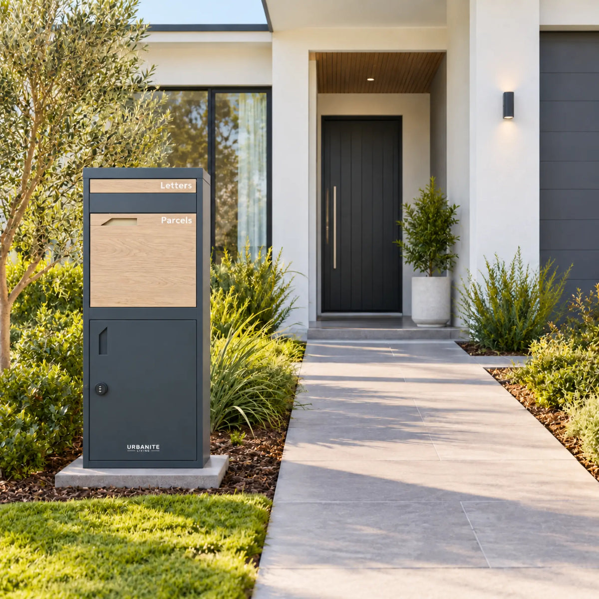 Urbanite Living Osprey Extra Tall freestanding parcel letterbox in charcoal with light wood front panels beside a front path at a home.