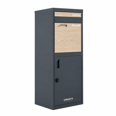 Urbanite Living Osprey Extra Tall freestanding parcel letterbox in charcoal with light wood look metal front panels on a white studio background.
