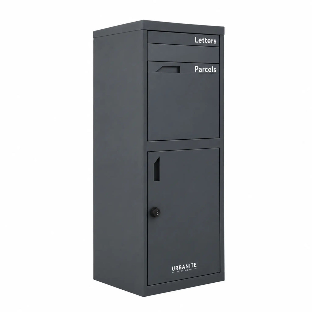Urbanite Living Osprey Extra Tall freestanding parcel letterbox in charcoal on a white studio background.
