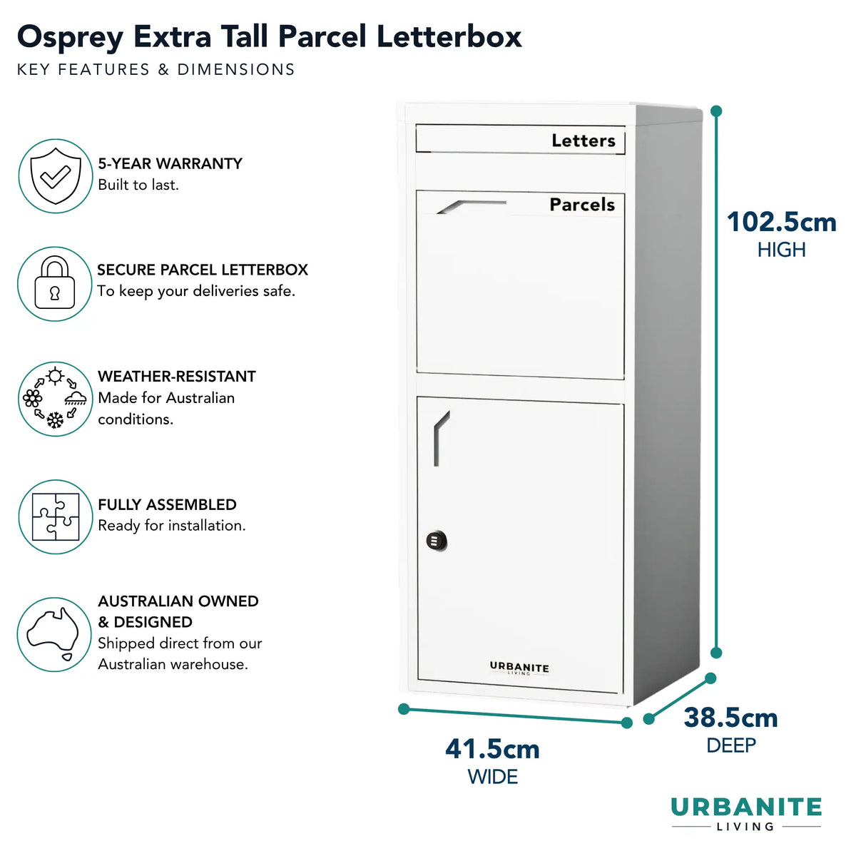 Urbanite Living Osprey Extra Tall freestanding parcel letterbox in white, with key features and dimensions: 102.5 cm high, 41.5 cm wide, 38.5 cm deep, and a 5-year warranty.