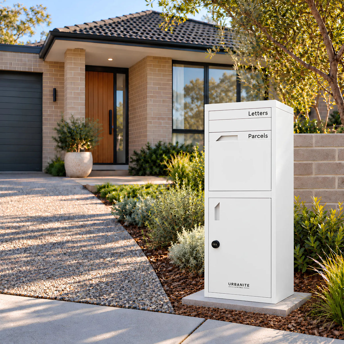Urbanite Living Osprey Extra Tall freestanding parcel letterbox in white beside a driveway at a home.