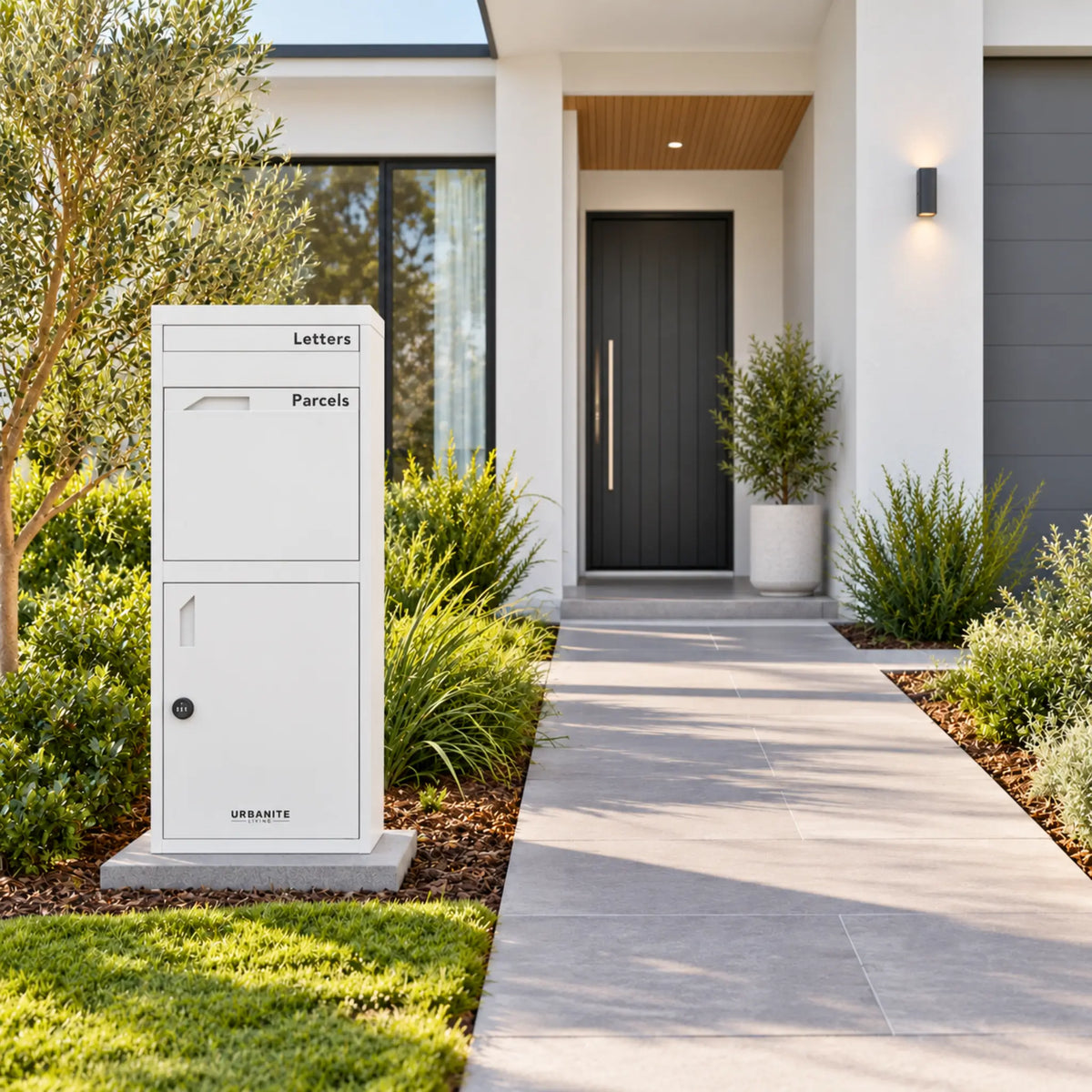 Urbanite Living Osprey Extra Tall freestanding parcel letterbox in white beside a front path at a home.