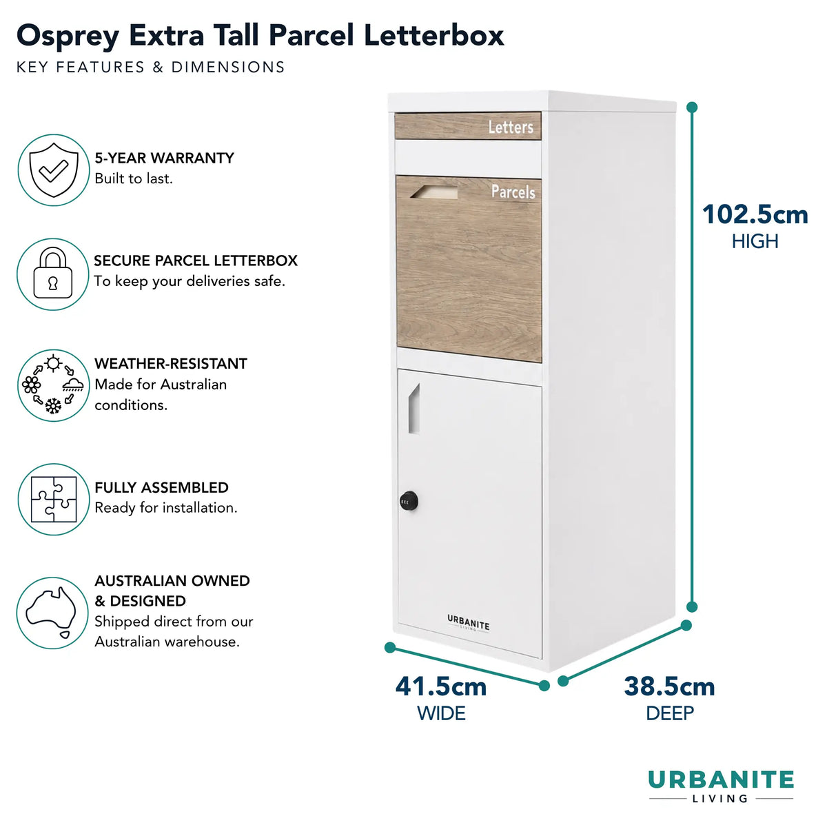 Urbanite Living Osprey Extra Tall freestanding parcel letterbox in white with light wood look front panels, with key features and dimensions: 102.5 cm high, 41.5 cm wide, 38.5 cm deep, and a 5-year warranty.