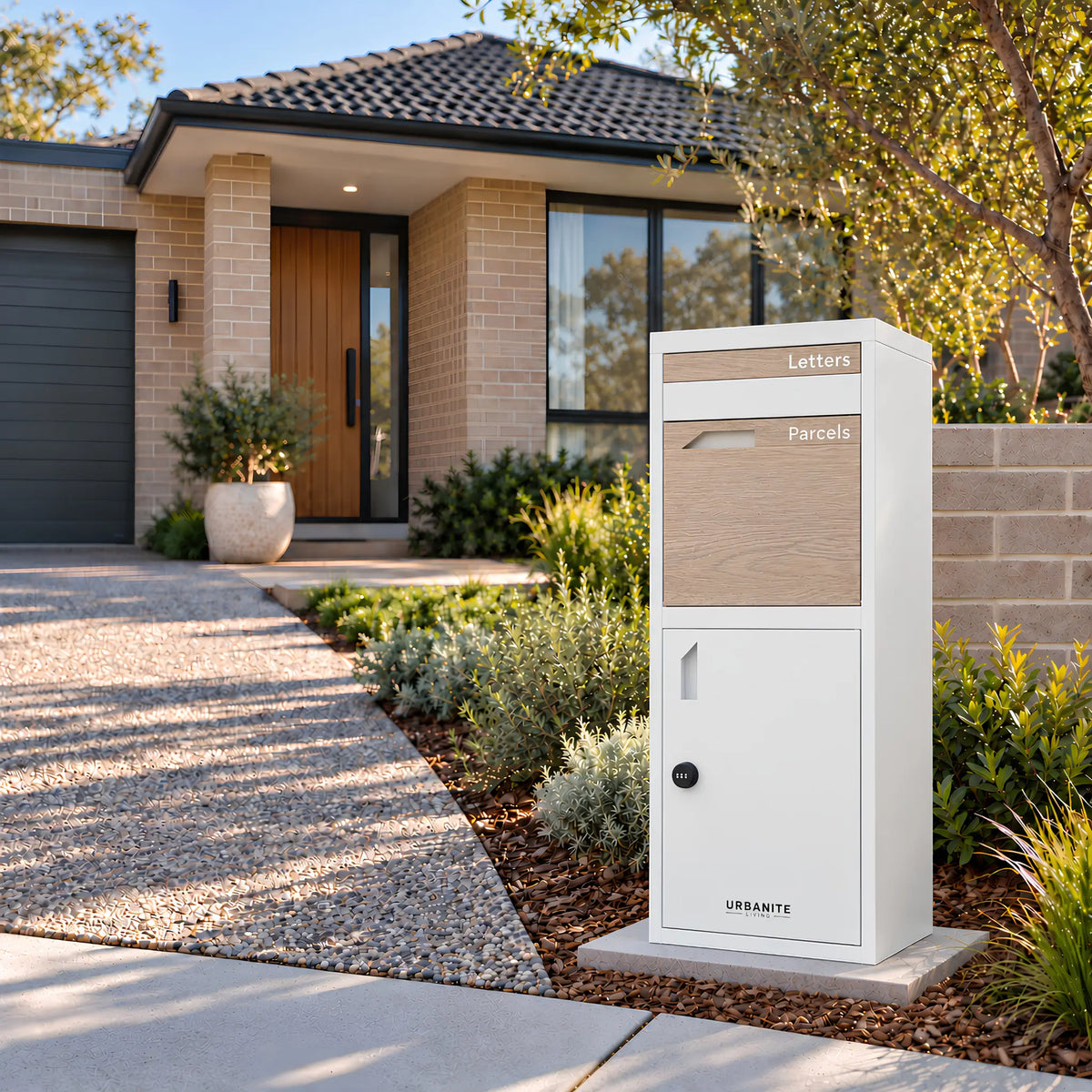 Urbanite Living Osprey Extra Tall freestanding parcel letterbox in white with light wood look front panels beside a driveway at a home.