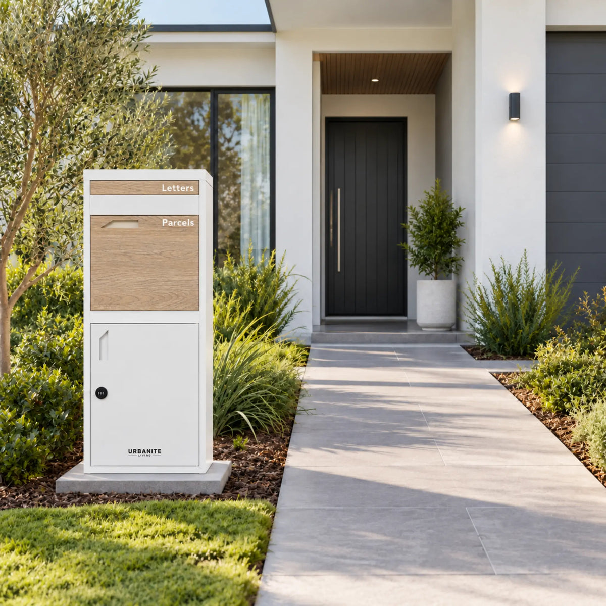 Urbanite Living Osprey Extra Tall freestanding parcel letterbox in white with light wood look metal front panels beside a front path at a home.