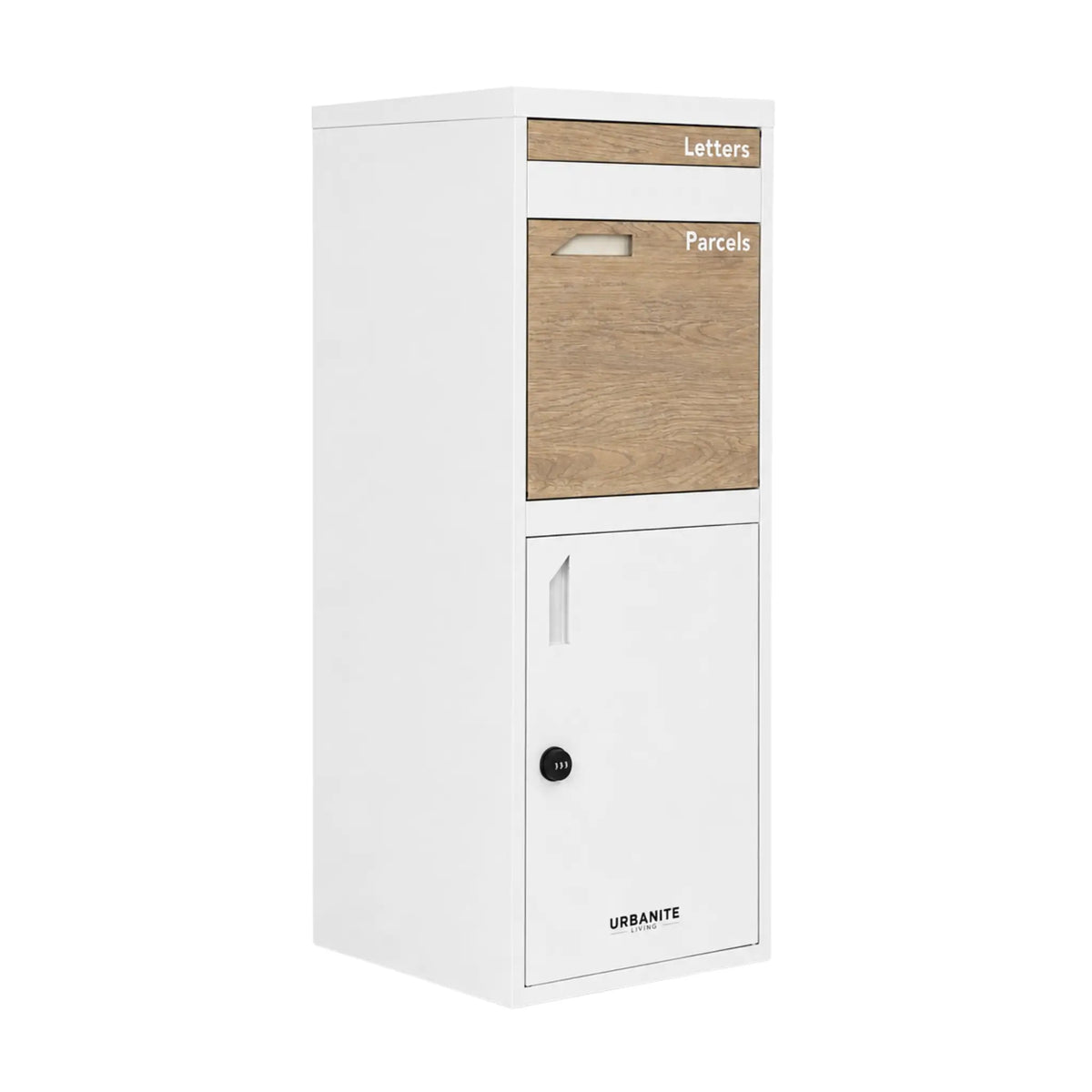 Urbanite Living Osprey Extra Tall freestanding parcel letterbox in white with light wood look metal front panels on a white studio background.