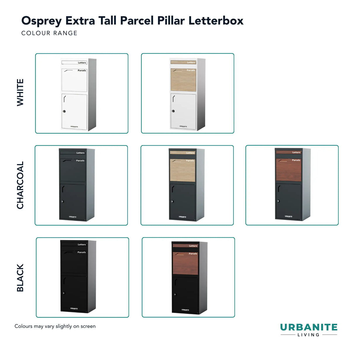 Urbanite Living Osprey Pillar Parcel Letterbox Colour Range.  White, White with Oak Look.  Charcoal, Charcoal with Oak Look, Charcoal with Merbau Look.  Black, Black with Merbau Look.
