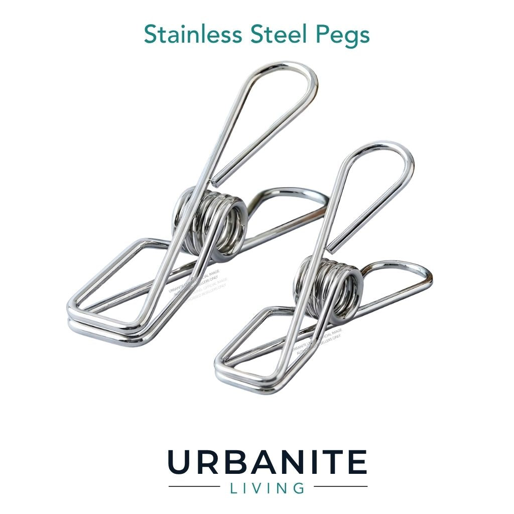 Two Urbanite Living Stainless Steel Pegs 316 Marine Grade Steel. White background.  One large sized peg one regular sized peg.