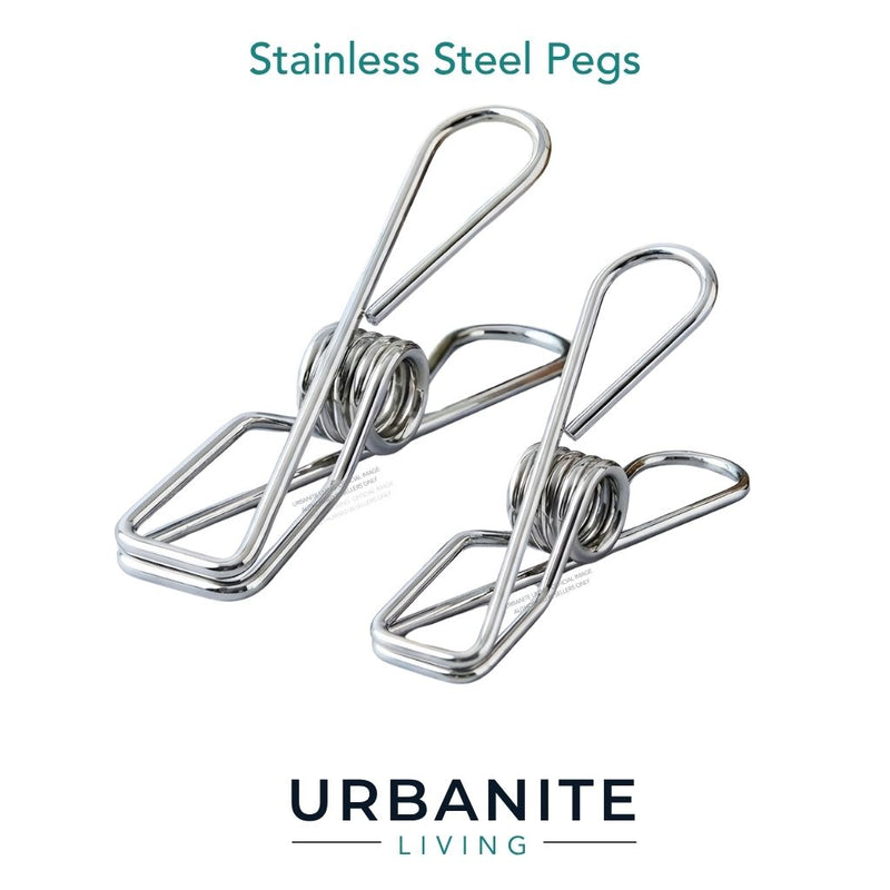 Two Urbanite Living Stainless Steel Pegs 316 Marine Grade Steel. White background.  One large sized peg one regular sized peg.