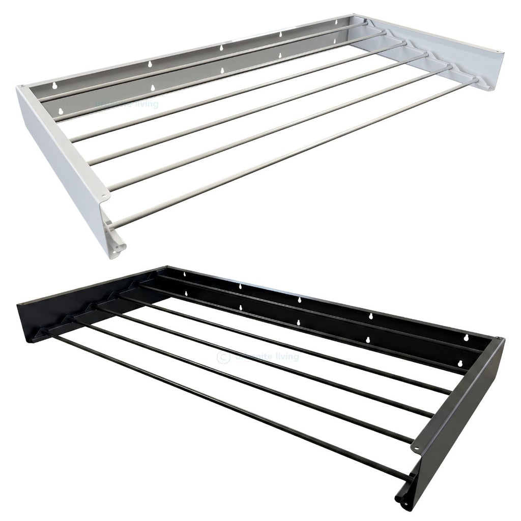 Black and white wall mounted foldable clothes drying racks stacked view by Urbanite Living.