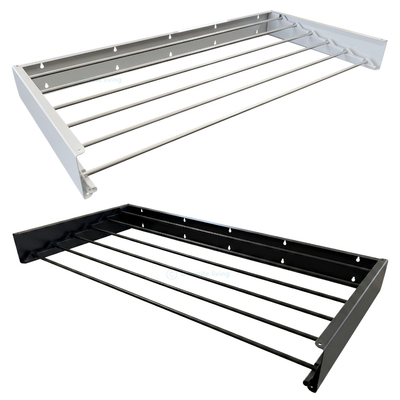 Black and white wall mounted foldable clothes drying racks stacked view by Urbanite Living.