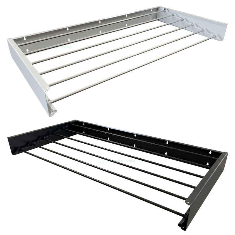 Black and white wall mounted foldable clothes drying racks stacked view by Urbanite Living.