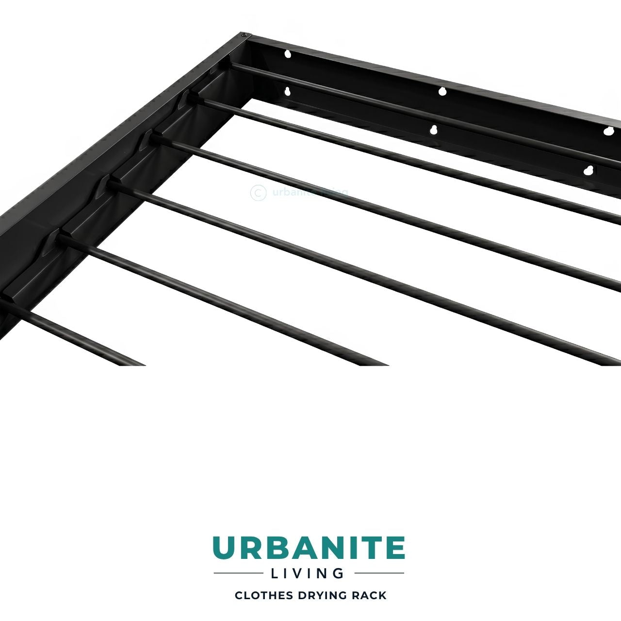 Close up view of black foldable wall mounted drying rack frame and hanging lines by Urbanite Living.