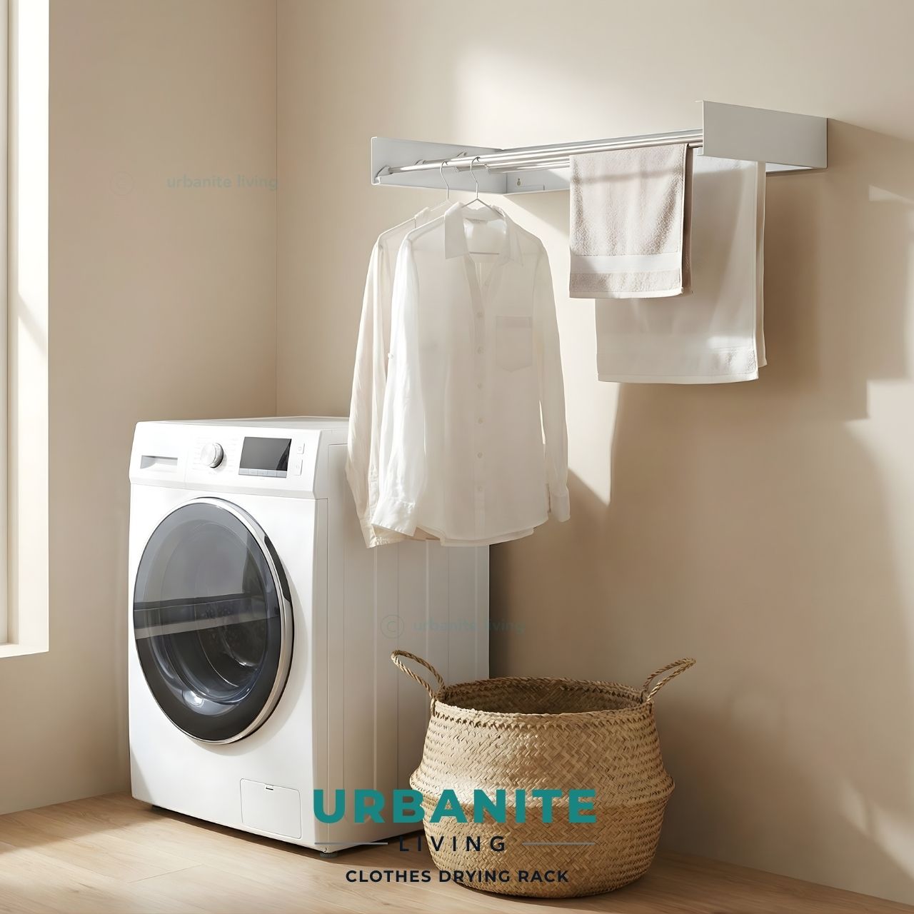 Urbanite Living wall mounted clothes drying rack extended over washing machine with shirts and towels hanging.