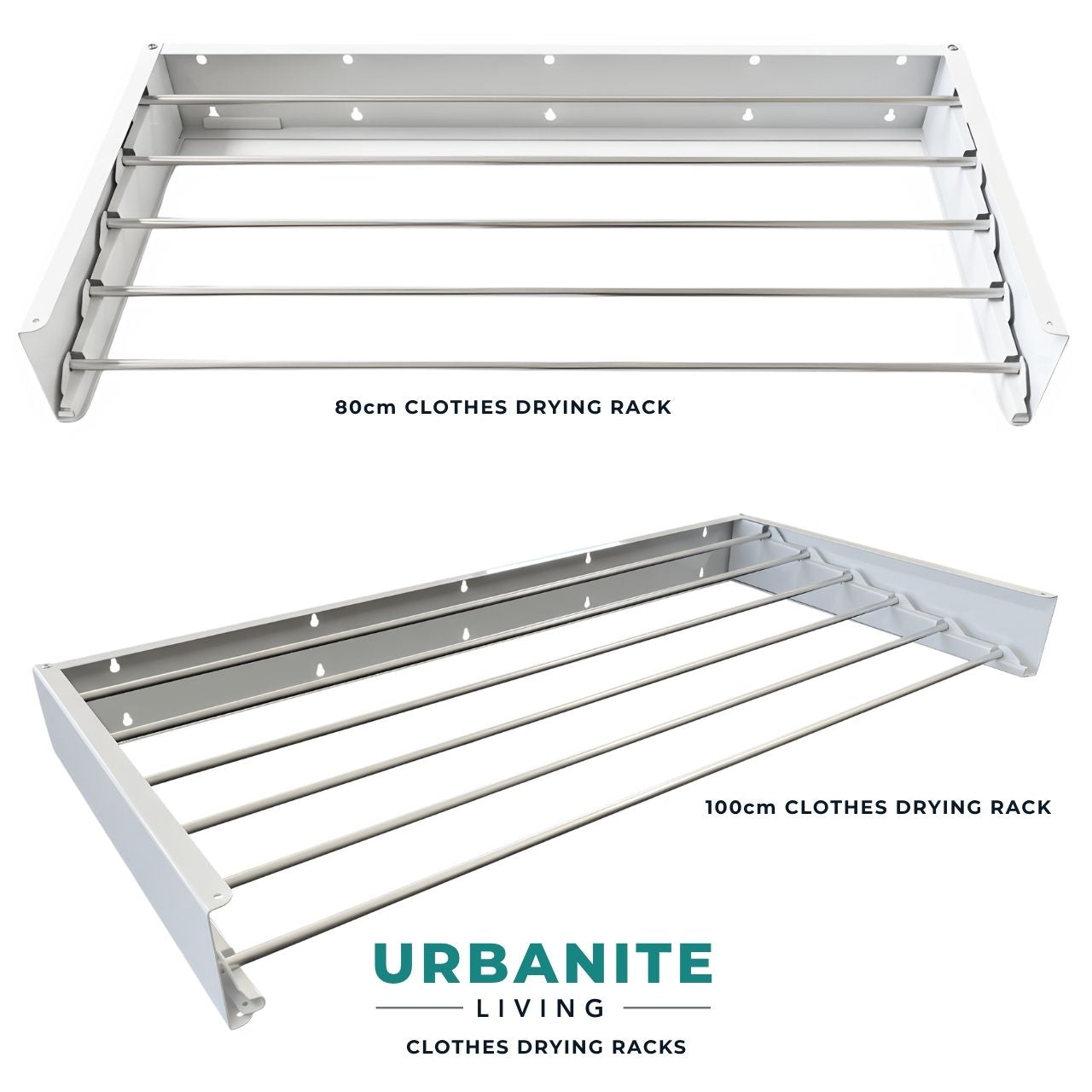 Urbanite Living white wall mounted clothes drying rack size comparison showing 80cm and 100cm models.