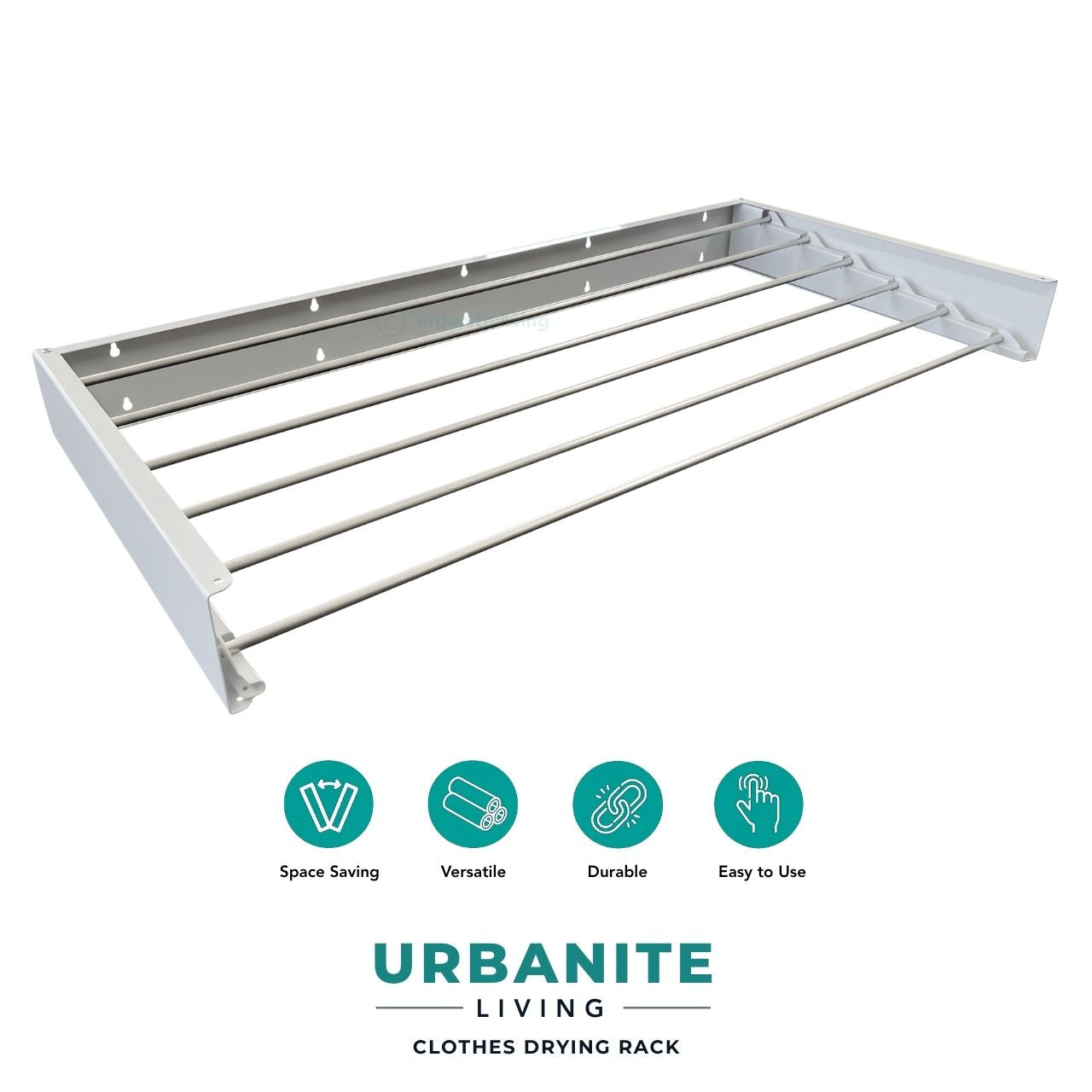 Urbanite Living white 100cm wall mounted clothes drying rack angled view showing space saving design.